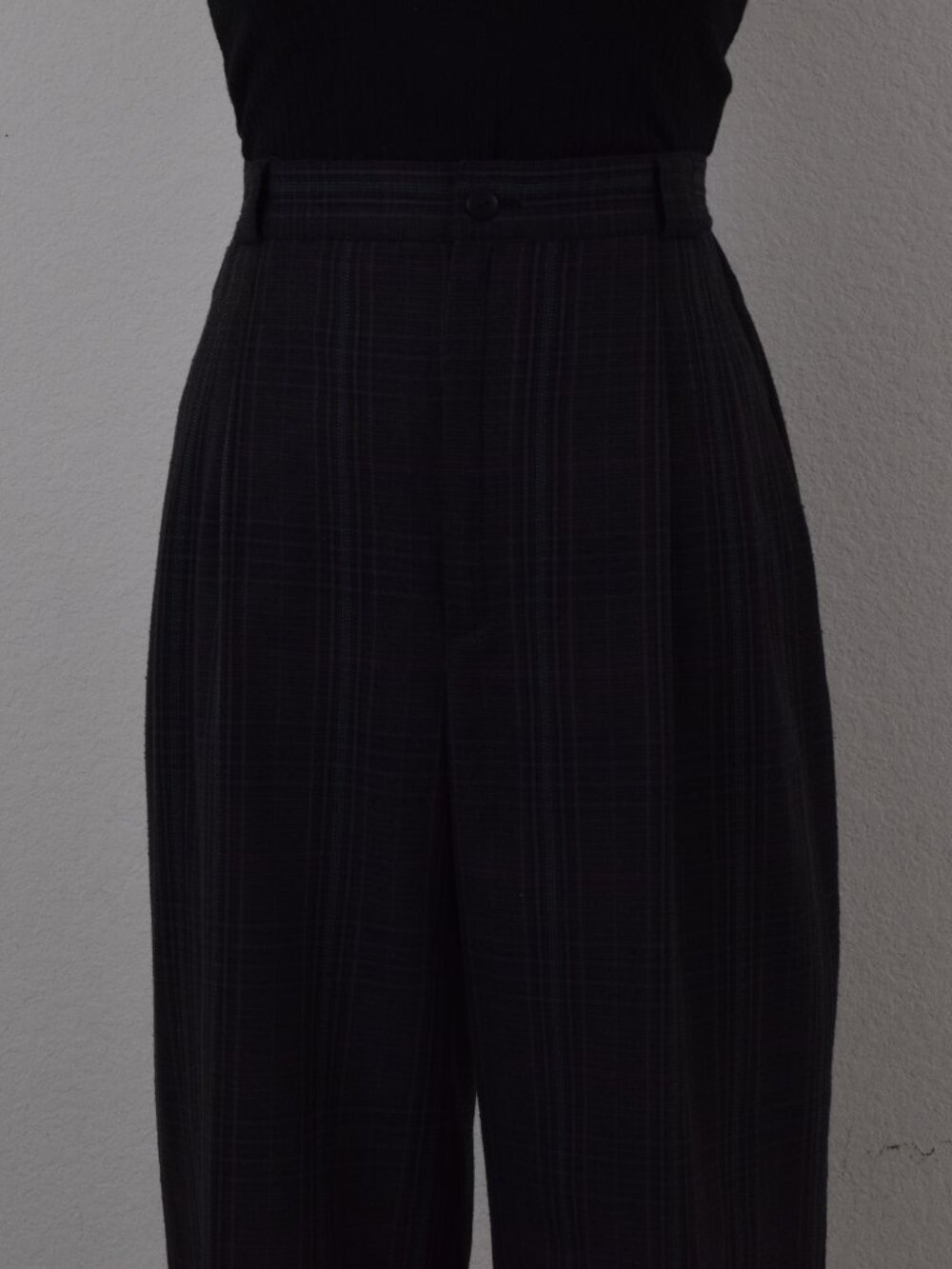 Vintage 90s Plaid Trousers | Charcoal Gray Poly/Rayon, High-Rise Pleated Pants